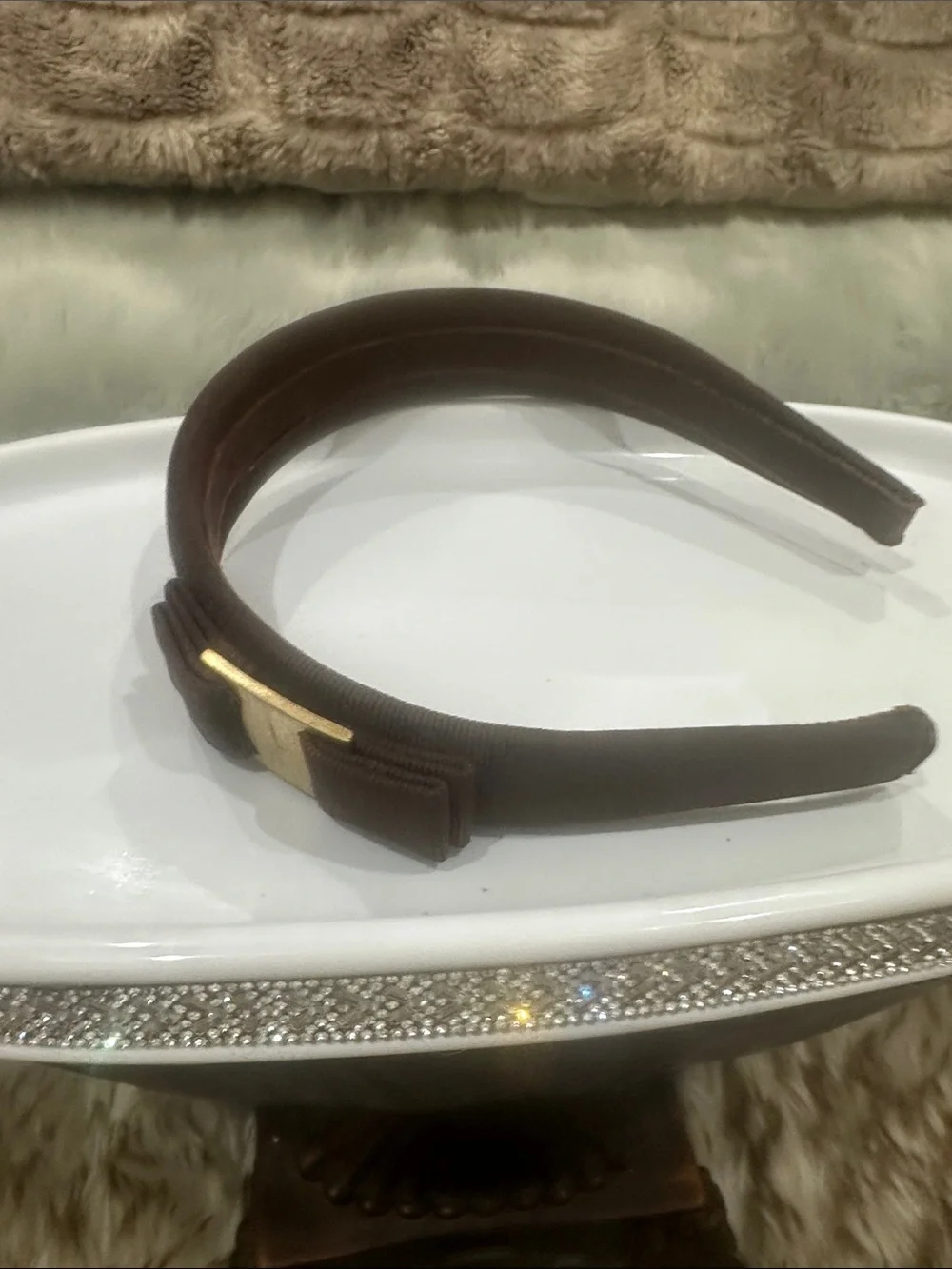SALVATORE FERRAGAMO Brown Grosgrain Bow Headband with Gold FERRAGAMO Plaque